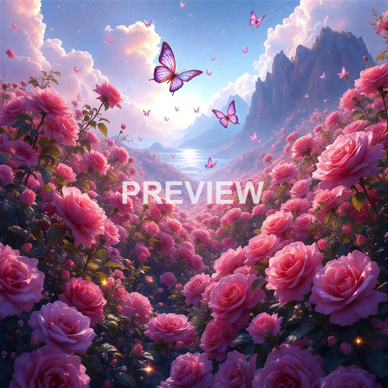 A vibrant, fantasy-like landscape featuring a valley filled with pink roses, with butterflies flying in the sky, and a backdrop of mountains and a body of water under a bright, cloudy sky.